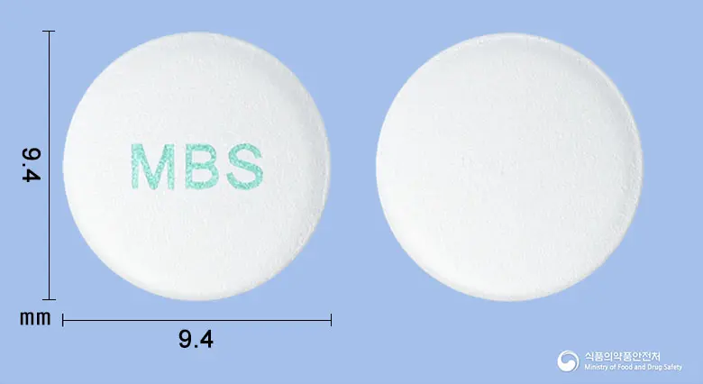 베포타온서방정(베포타스틴베실산염) 앞뒤 사진 (흰색 원형, 각인 MBS)