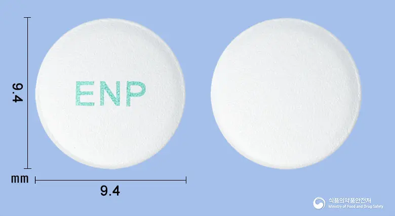 이포산서방정(베포타스틴베실산염) 앞뒤 사진 (흰색 원형, 각인 ENP)