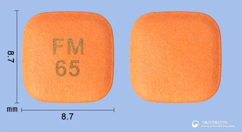 피마듀오정60/5밀리그램 앞뒤 사진 (주황색 사각형, 각인 FM65)