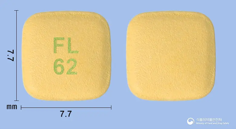 피마로핀정60/2.5밀리그램 앞뒤 사진 (노란색 사각형, 각인 FL62)