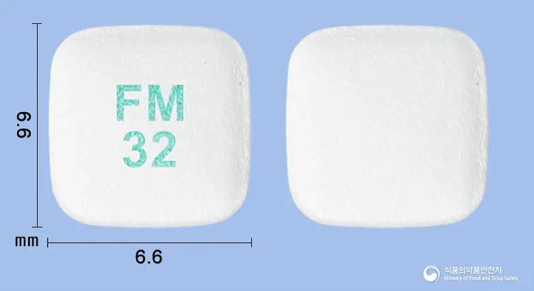 피마듀오정30/2.5밀리그램 앞뒤 사진 (흰색 사각형, 각인 FM32)