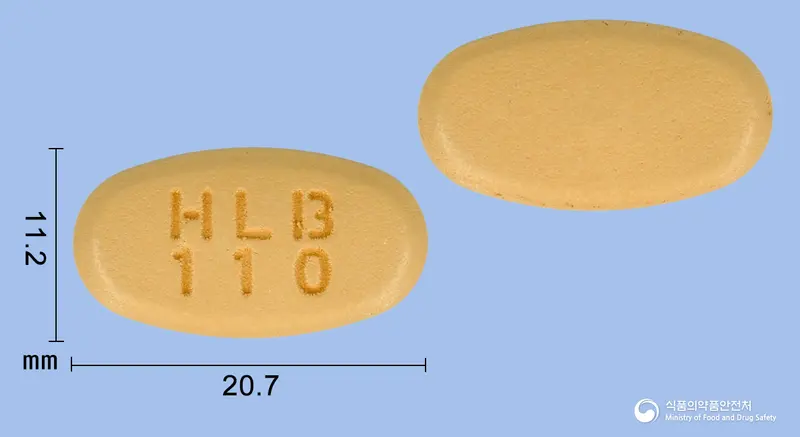 다파엘듀오서방정10/1000밀리그램 앞뒤 사진 (주황색 타원형, 각인 HLB110)