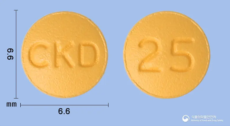 테노포벨에이정(테노포비르알라페나미드숙신산염) 앞뒤 사진 (주황색 원형, 각인 CKD / 25)