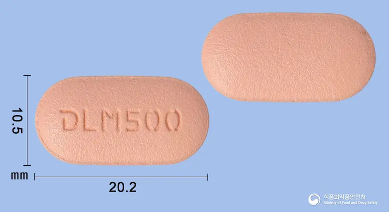 다파포민서방정10/500밀리그램 앞뒤 사진 (분홍색 타원형, 각인 LM500)