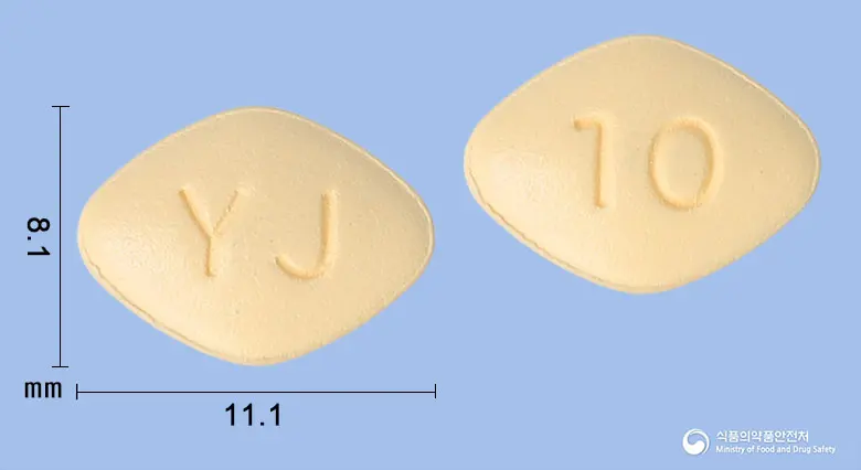 답플로정10밀리그램(다파글리플로진프로판디올수화물) 앞뒤 사진 (주황색 마름모형, 각인 YJ / 10)