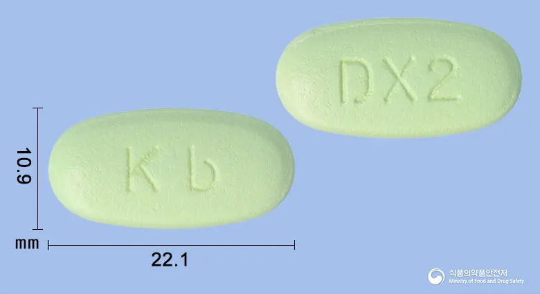자누스틴메트엑스알서방정50/1000밀리그램 앞뒤 사진 (연두색 타원형, 각인 Kb / DX2)