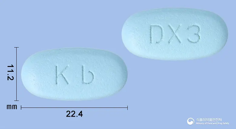자누스틴메트엑스알서방정100/1000밀리그램 앞뒤 사진 (파란색 타원형, 각인 Kb / DX3)