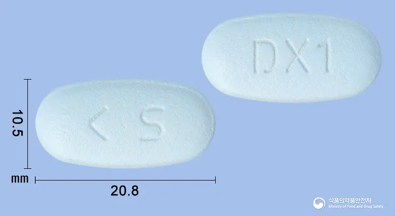 다누메트엑스알서방정50/500밀리그램 앞뒤 사진 (파란색 타원형, 각인 DX1)