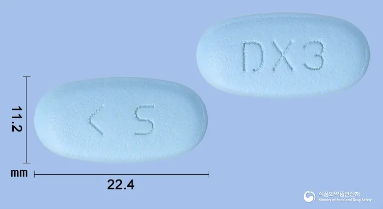 다누메트엑스알서방정100/1000밀리그램 앞뒤 사진 (파란색 타원형, 각인 DX3)