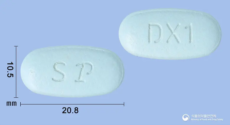 시타루틴듀오서방정50/500밀리그램 앞뒤 사진 (파란색 타원형, 각인 DX1)