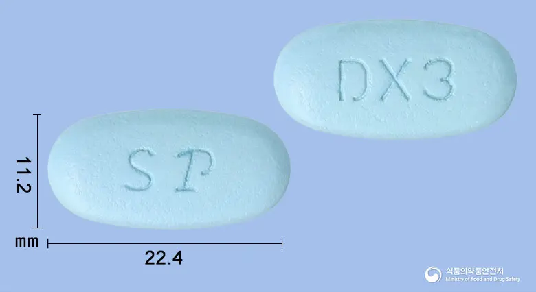 시타루틴듀오서방정100/1000밀리그램 앞뒤 사진 (파란색 타원형, 각인 DX3)