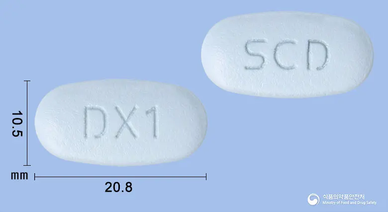 자누글루엠엑스알서방정50/500밀리그램 앞뒤 사진 (파란색 타원형, 각인 DX1 / SCD)