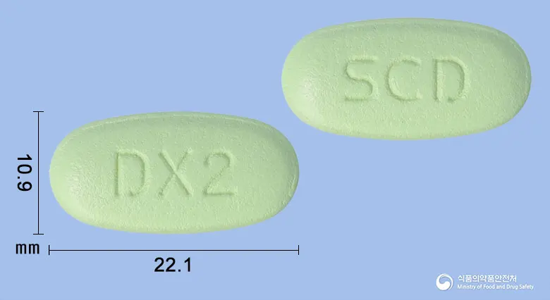 자누글루엠엑스알서방정50/1000밀리그램 앞뒤 사진 (연두색 타원형, 각인 DX2 / SCD)