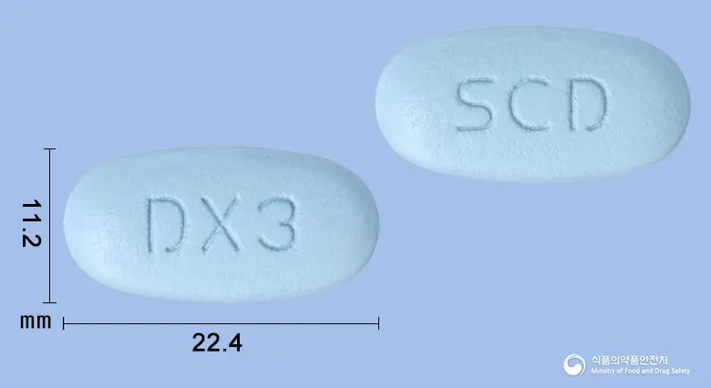 자누글루엠엑스알서방정100/1000밀리그램 앞뒤 사진 (파란색 타원형, 각인 DX3 / SCD)