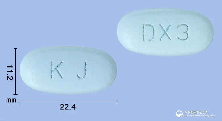 자누디엠서방정100/1000밀리그램 앞뒤 사진 (파란색 타원형, 각인 KJ / DX3)
