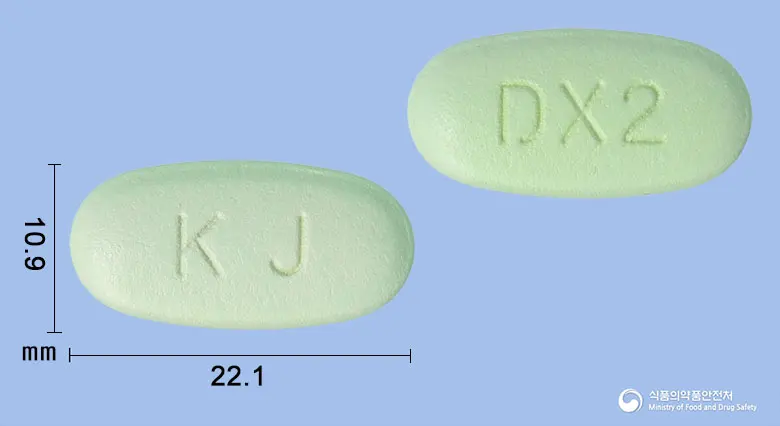 자누디엠서방정50/1000밀리그램 앞뒤 사진 (연두색 타원형, 각인 KJ / DX2)