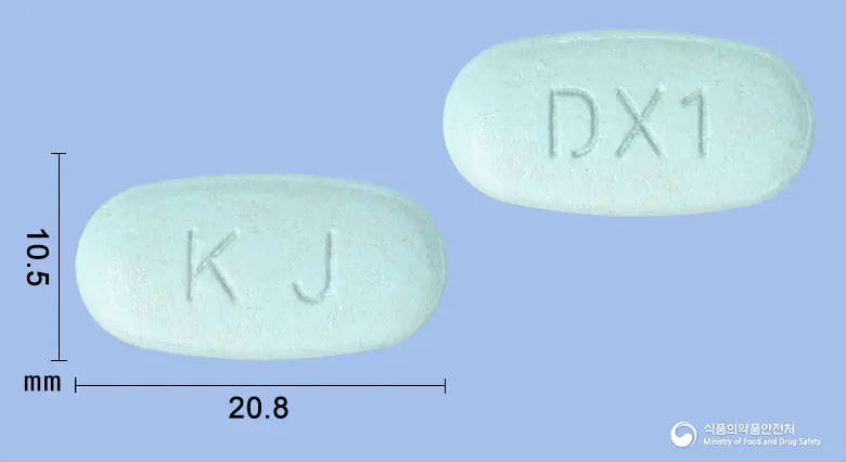 자누디엠서방정50/500밀리그램 앞뒤 사진 (파란색 타원형, 각인 KJ / DX1)