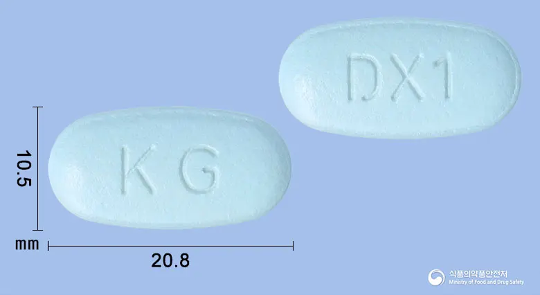 글로시타포민서방정50/500밀리그램 앞뒤 사진 (파란색 타원형, 각인 KG / DX1)