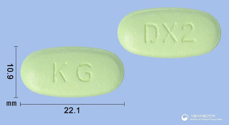 글로시타포민서방정50/1000밀리그램 앞뒤 사진 (연두색 타원형, 각인 KG / DX2)