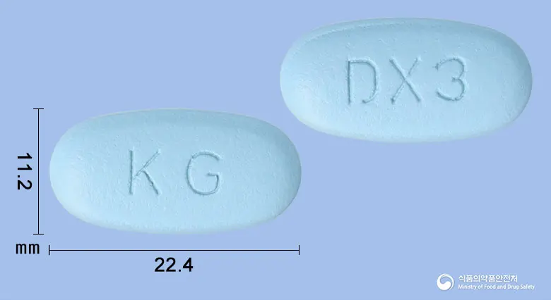 글로시타포민서방정100/1000밀리그램 앞뒤 사진 (파란색 타원형, 각인 KG / DX3)