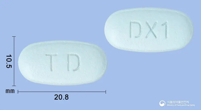 시타티딘듀오엑스알서방정50/500밀리그램 앞뒤 사진 (파란색 타원형, 각인 TD / DX1)