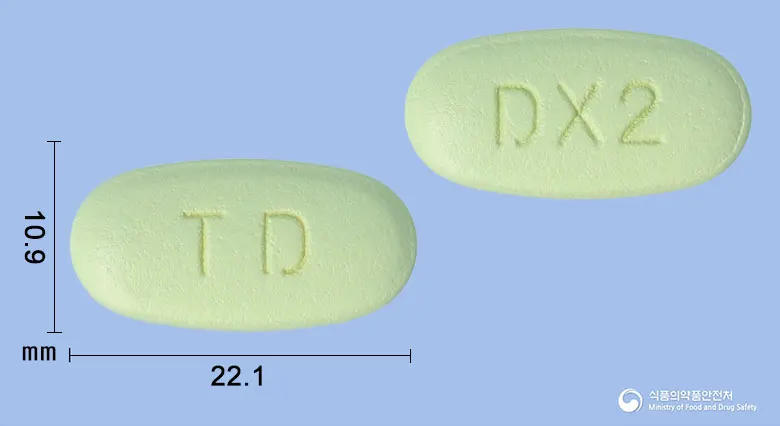 시타티딘듀오엑스알서방정50/1000밀리그램 앞뒤 사진 (연두색 타원형, 각인 TD / DX2)