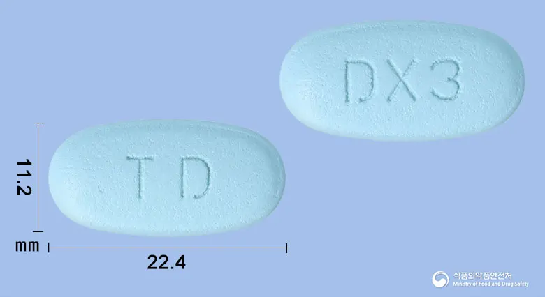 시타티딘듀오엑스알서방정100/1000밀리그램 앞뒤 사진 (파란색 타원형, 각인 TD / DX3)