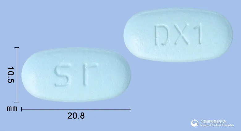 자누그립틴듀오엑스알서방정50/500밀리그램 앞뒤 사진 (파란색 타원형, 각인 sr / DX1)