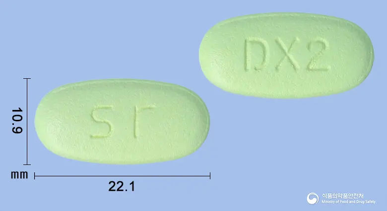 자누그립틴듀오엑스알서방정50/1000밀리그램 앞뒤 사진 (연두색 타원형, 각인 sr / DX2)