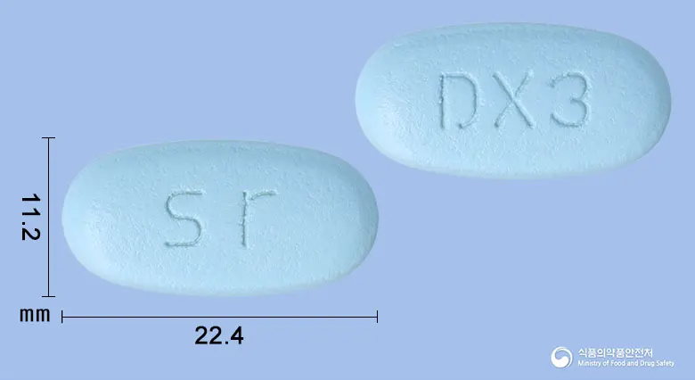 자누그립틴듀오엑스알서방정100/1000밀리그램 앞뒤 사진 (파란색 타원형, 각인 sr / DX3)