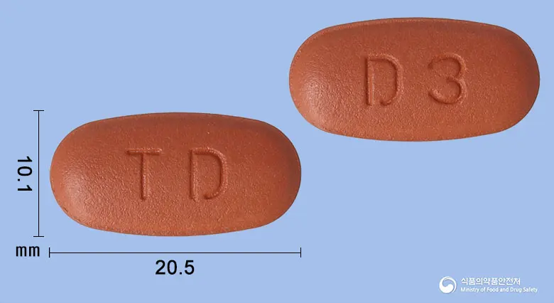 시타티딘듀오정50/1000밀리그램 앞뒤 사진 (갈색 타원형, 각인 TD / D3)