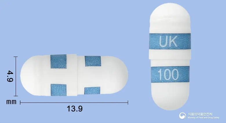유니브렉스캡슐100밀리그램(세레콕시브) 앞뒤 사진 (흰색·파란색 캡슐, 각인 UK100)