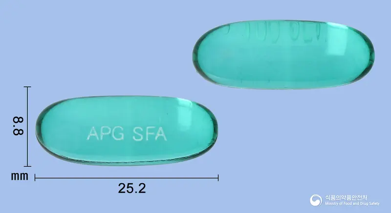 쌩코프에이연질캡슐 앞뒤 사진 (청록색·투명 캡슐, 각인 APG SFA)