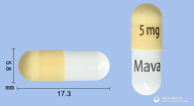 캄지오스캡슐5밀리그램(마바캄텐) 앞뒤 사진 (노란색 캡슐, 각인 5mg Mava)