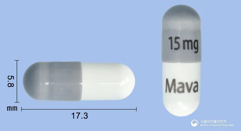 캄지오스캡슐15밀리그램(마바캄텐) 앞뒤 사진 (회색 캡슐, 각인 15mg Mava)