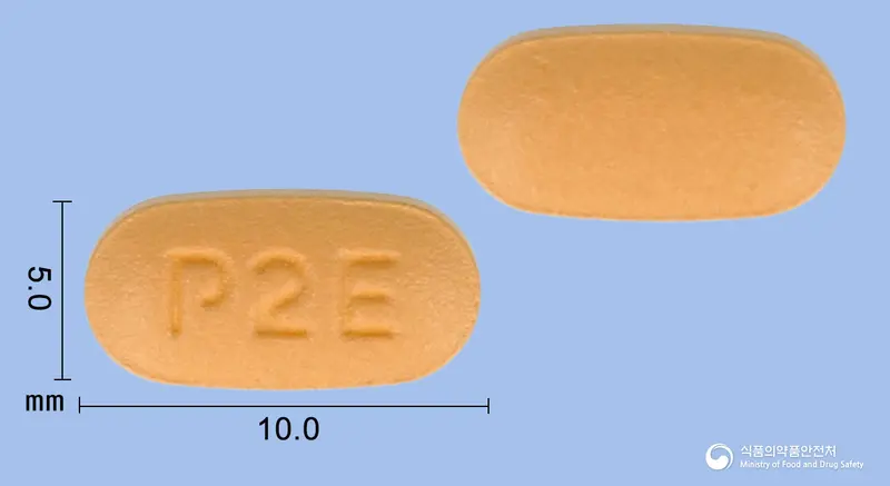 타바로젯정2/10밀리그램 앞뒤 사진 (주황색 타원형, 각인 P2E)