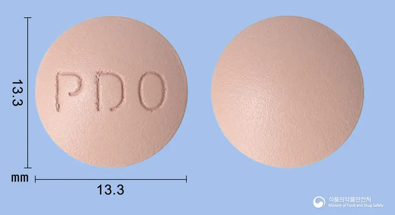 프라디오정(디오스민) 앞뒤 사진 (분홍색 원형, 각인 PDO)