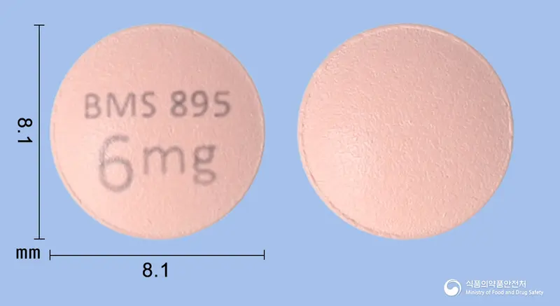 소틱투정6밀리그램(듀크라바시티닙) 앞뒤 사진 (분홍색 원형, 각인 BMS 8956mg)