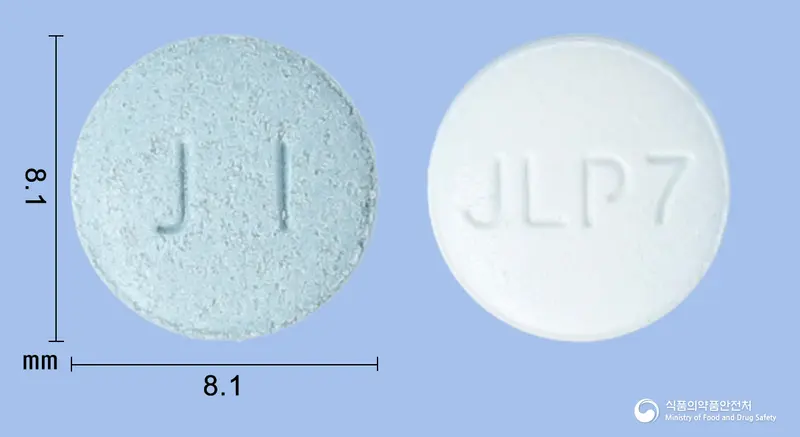 텔미듀오플러스정40/5/5밀리그램 앞뒤 사진 (파란색 원형, 각인 J I / JLP7)