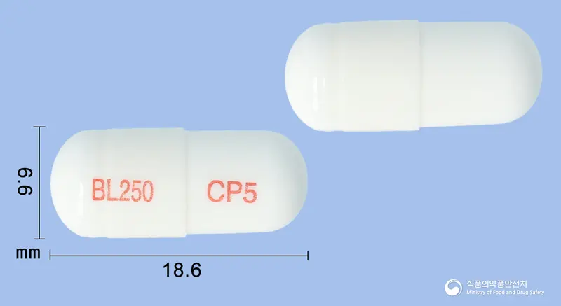 비스칸비캡슐 앞뒤 사진 (흰색 캡슐, 각인 BL250 CP5)