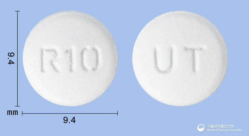 라베미니정(라베프라졸,탄산수소나트륨) 앞뒤 사진 (흰색 원형, 각인 R10 / UT)