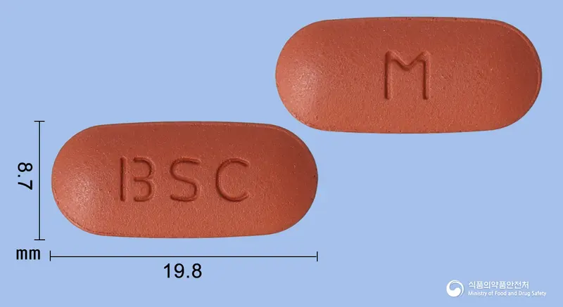비스콘틴엠800정 앞뒤 사진 (빨간색 타원형, 각인 BSC / M)