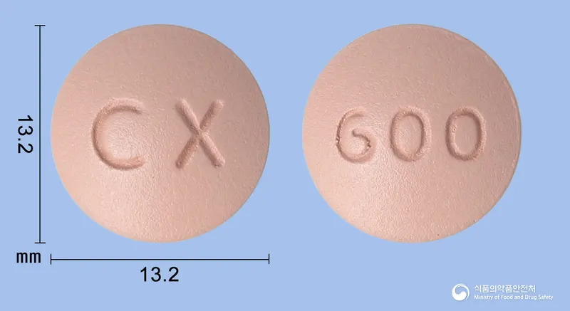 치렉스정600밀리그램(디오스민) 앞뒤 사진 (분홍색 원형, 각인 CX / 600)