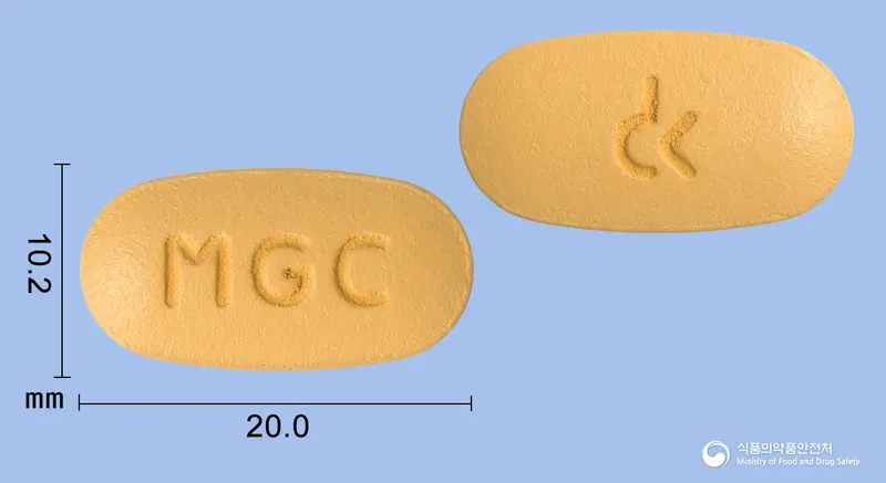 메가콘티800정 앞뒤 사진 (주황색 타원형, 각인 MGC)
