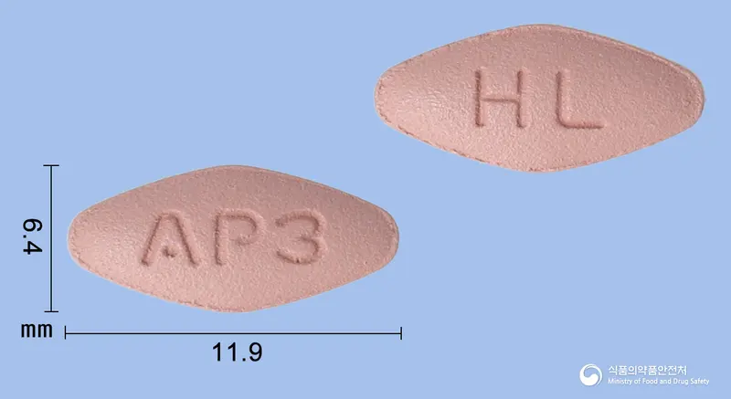 소프레정(아프레밀라스트) 앞뒤 사진 (분홍색 마름모형, 각인 AP3 / HL)