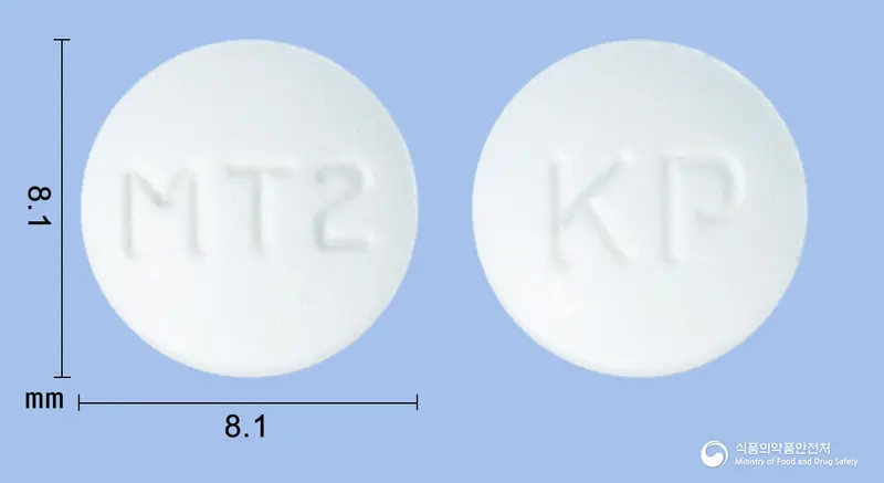 파마멜라토닌서방정2밀리그램 앞뒤 사진 (흰색 원형, 각인 MT2 / KP)
