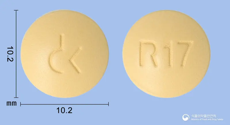 라베드온정10/600mg(라베프라졸나트륨, 침강탄산칼슘) 앞뒤 사진 (주황색 원형, 각인 R17)