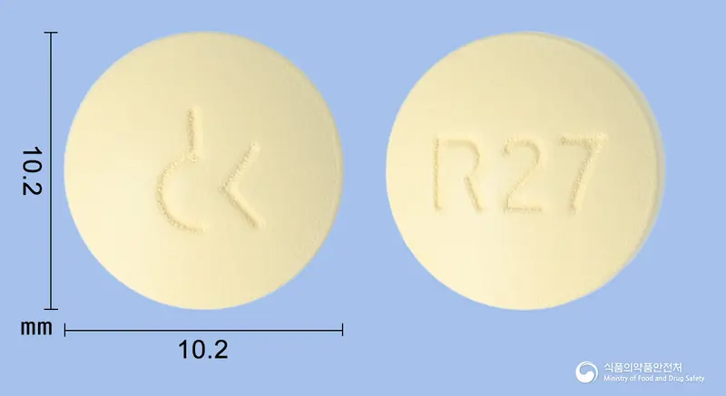 라베드온정20/600mg(라베프라졸나트륨, 침강탄산칼슘) 앞뒤 사진 (노란색 원형, 각인 R27)