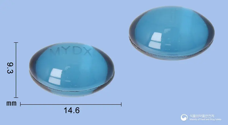 마이펜덱시연질캡슐(덱시부프로펜) 앞뒤 사진 (파란색·투명 캡슐, 각인 MYDX)