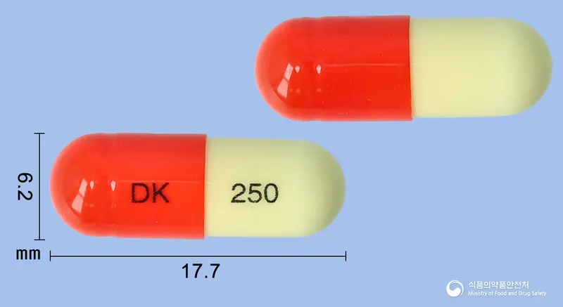 트라멜라캡슐(트라넥삼산) 앞뒤 사진 (주황색 캡슐, 각인 DK 250)